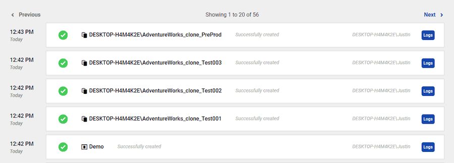 the screenshot shows the output from creating multiple clones, there are 4 clones created and just over a minute lapsed time.
