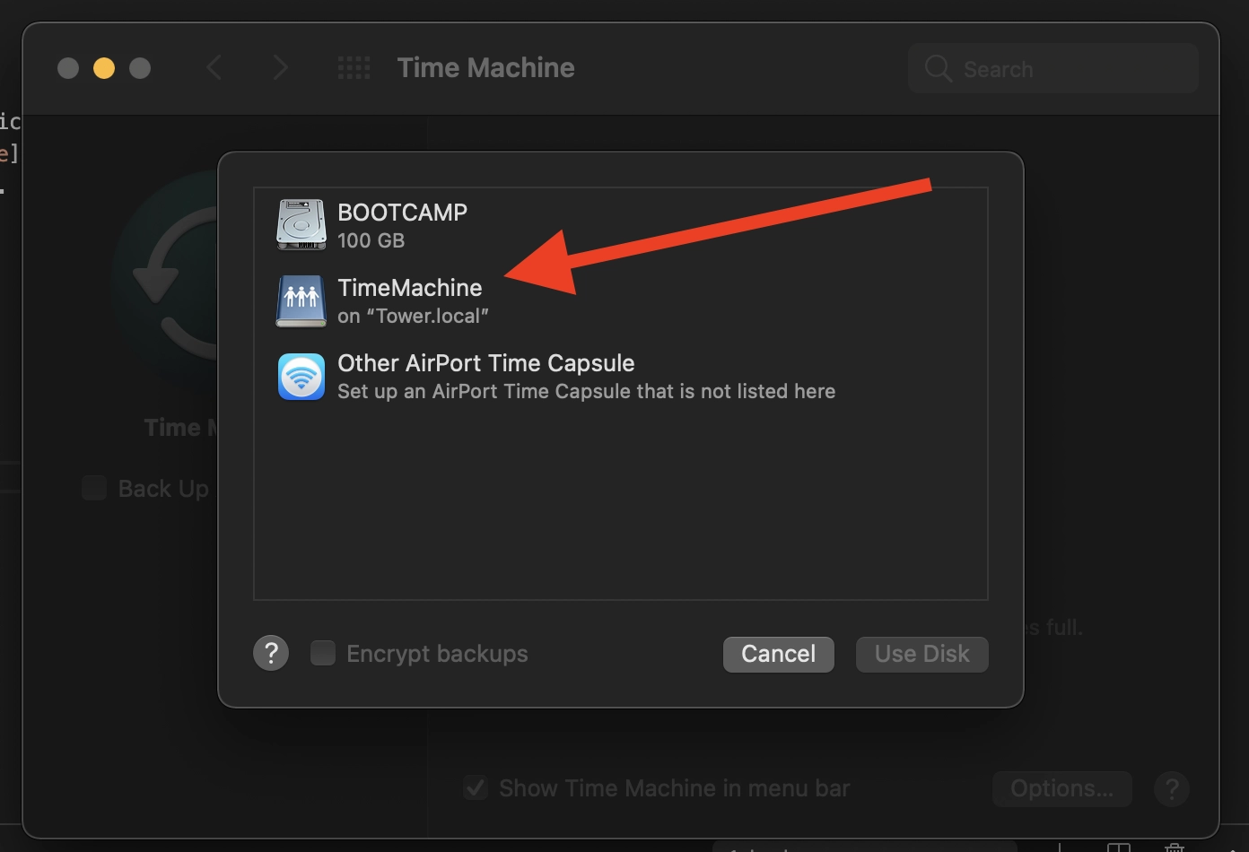 the screenshot shows the available sources for time machine, in the options is TimeMachine on tower.local