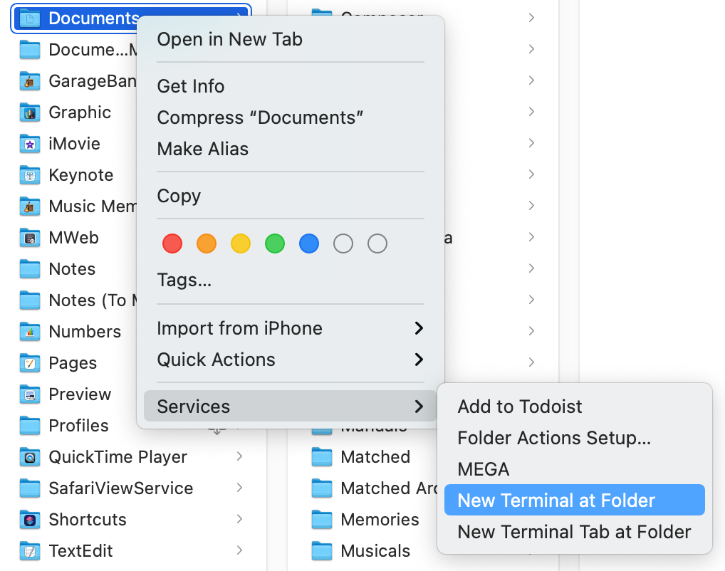 a screenshot of finder, with properties open, the services sub section is highlighted showing a sub menu where new terminal at folder is selected