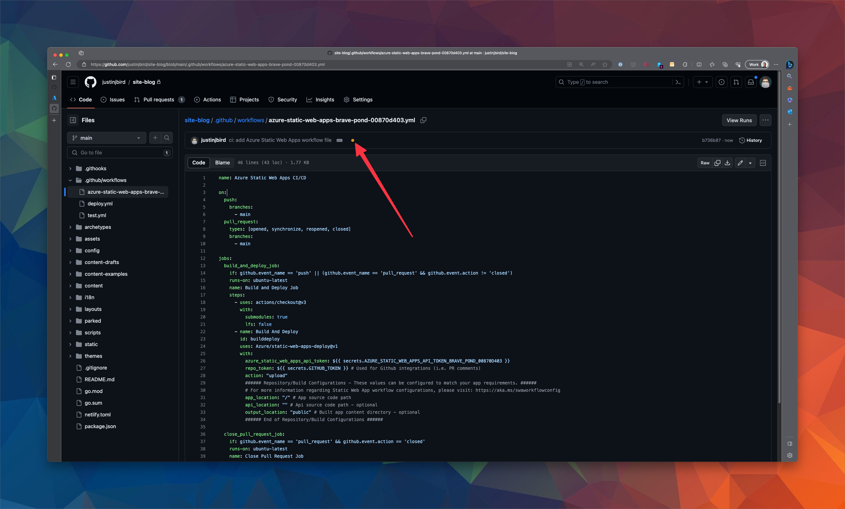 screenshot showing the code that represents the build workflow in github, there is a small yellow dot at the top of the workflow representing the current status of the workflow, which is running