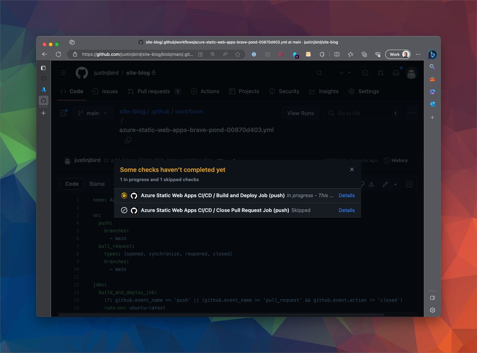 screenshot showing a summary window that has appeared in front of the workflow, there are two steps - build and deploy, and close pull request - build and deploy is running, close pull request is skipped