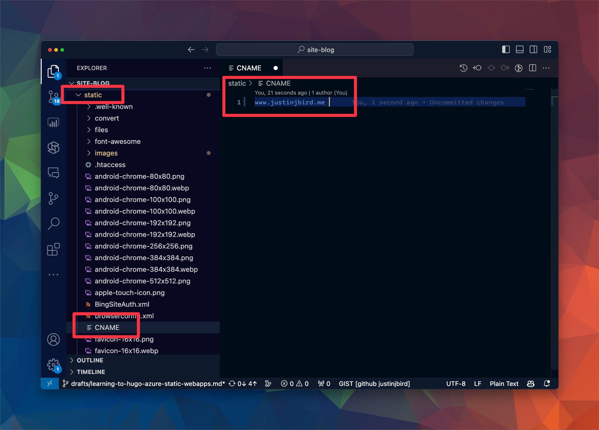 screenshot of visual studio code, a file is open called CNAME, it is located at the path ./static/ and has the url ‘www.justinjbird.com’ as the only contents of the file