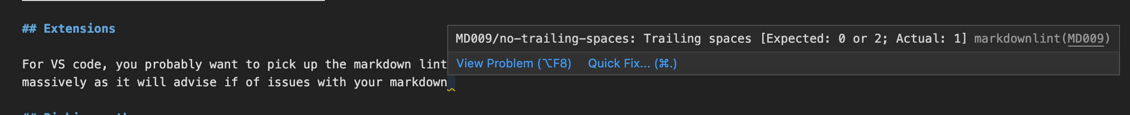 image shows a message explaining that the text block ends with a space