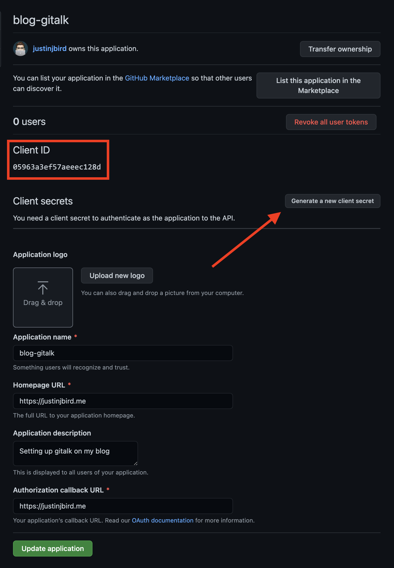 image shows configuration page, you should make note of your client Id which will be used to configure Hugo