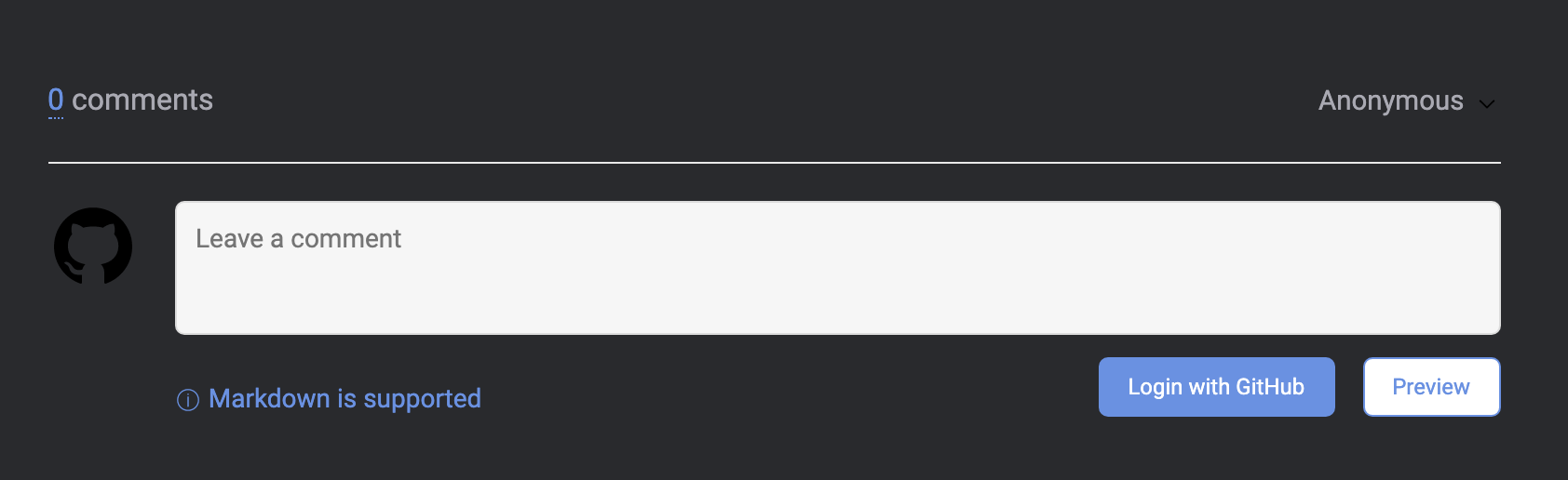 image shows a comment block with a GitHub logo and a button asking to log in with GitHub
