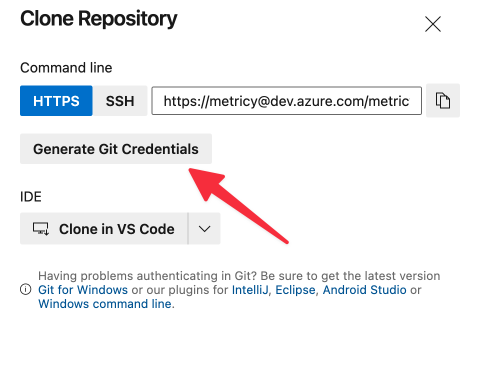 from the sidebar, press the generate git credentials button