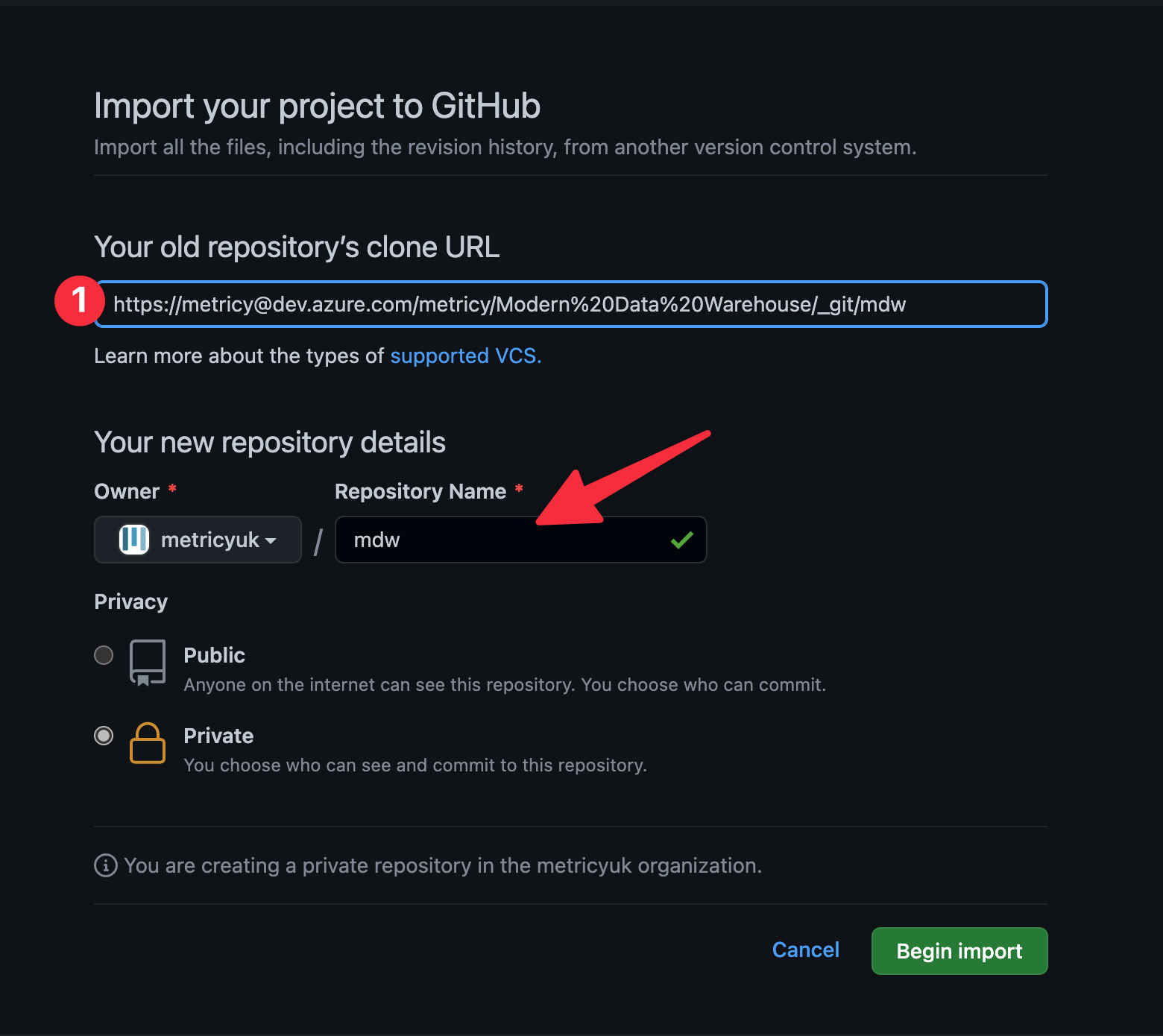 Enter the repository URL which was displayed in DevOps and name your new repository