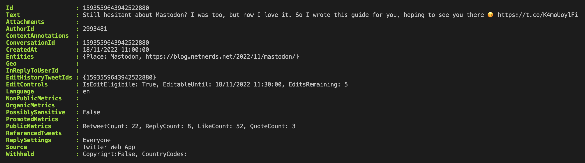 the image shows an output from the powershell module displaying metadata from tweet ID 1593559643942522880