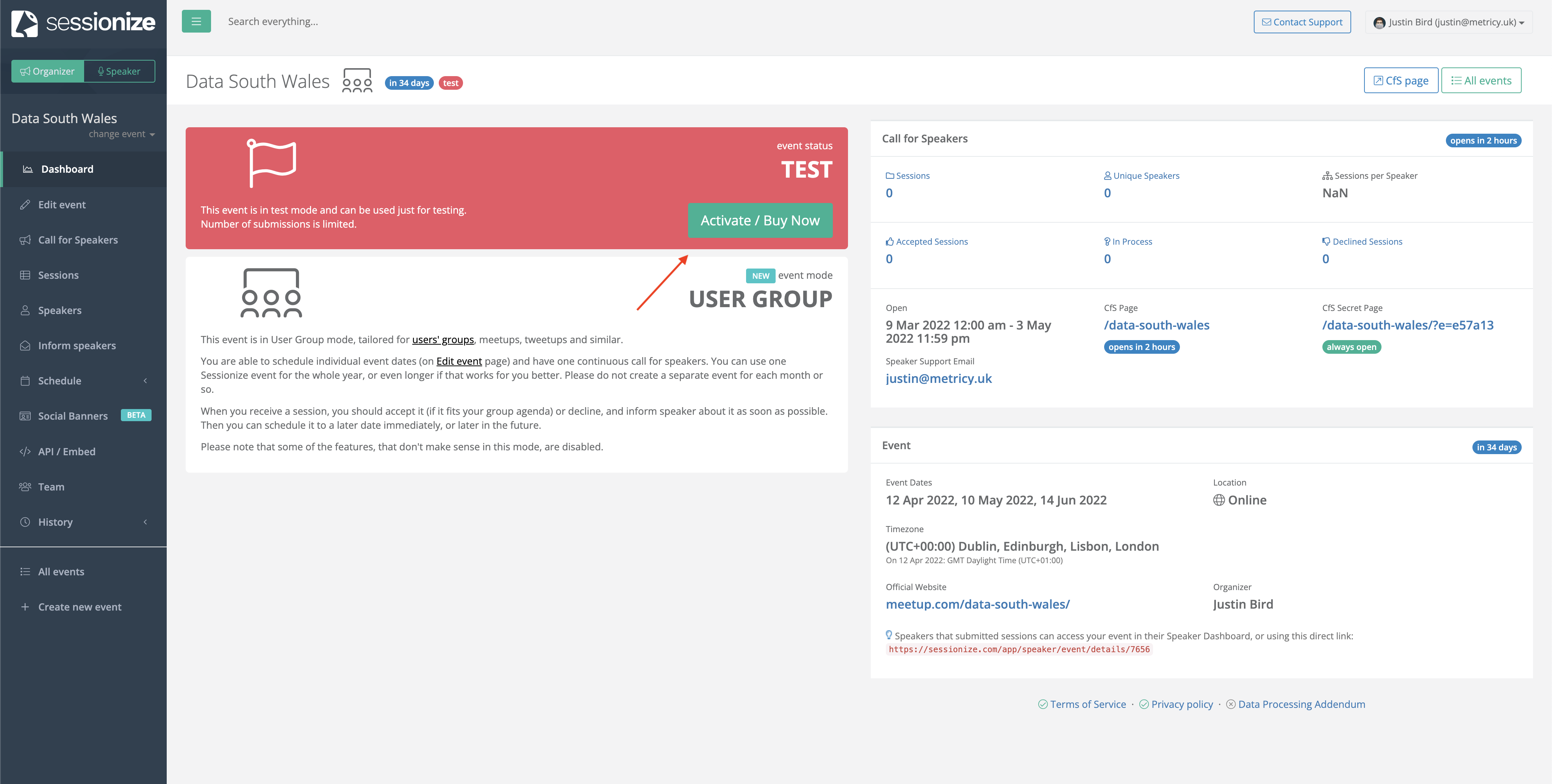 the screenshot again shows the configuration page, and points to an activated button that will activated the group