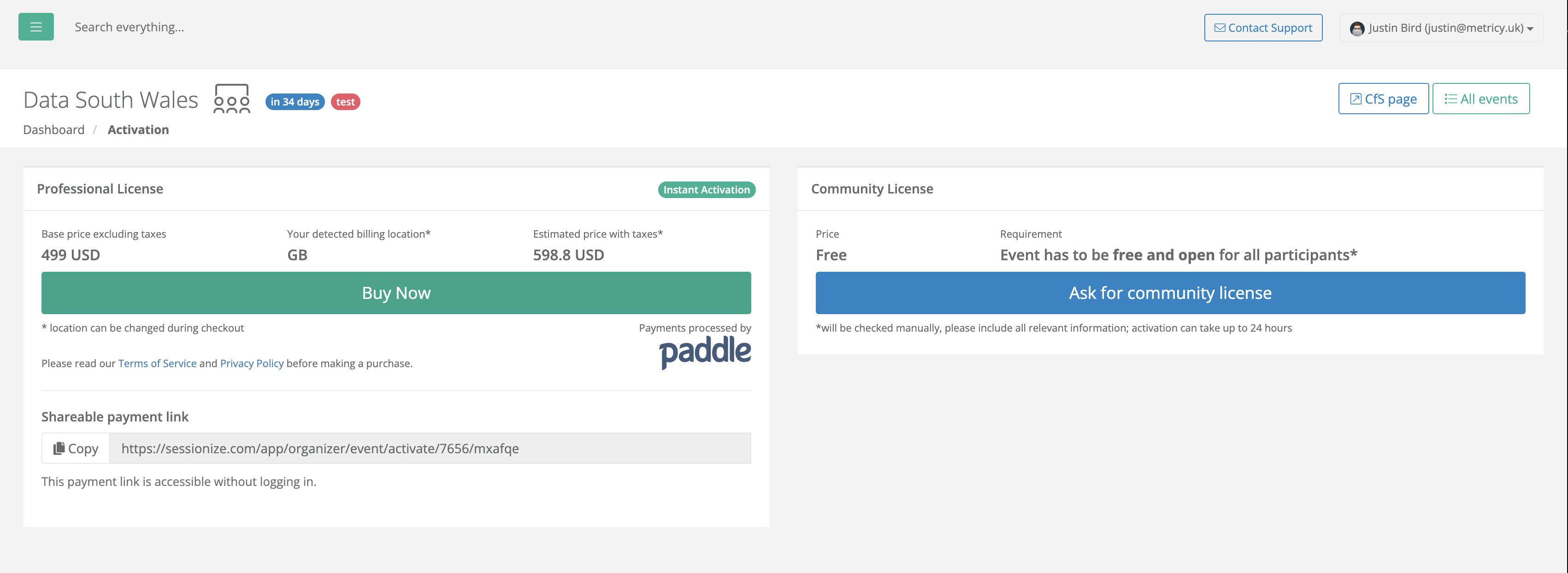 the next page shows two options - purchasing a professional license or requesting a community license