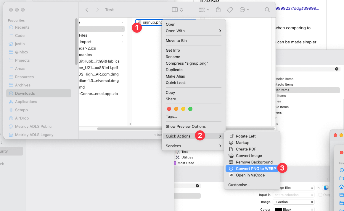 the image shows the Finder window and my workflow appearing in the quick actions menu