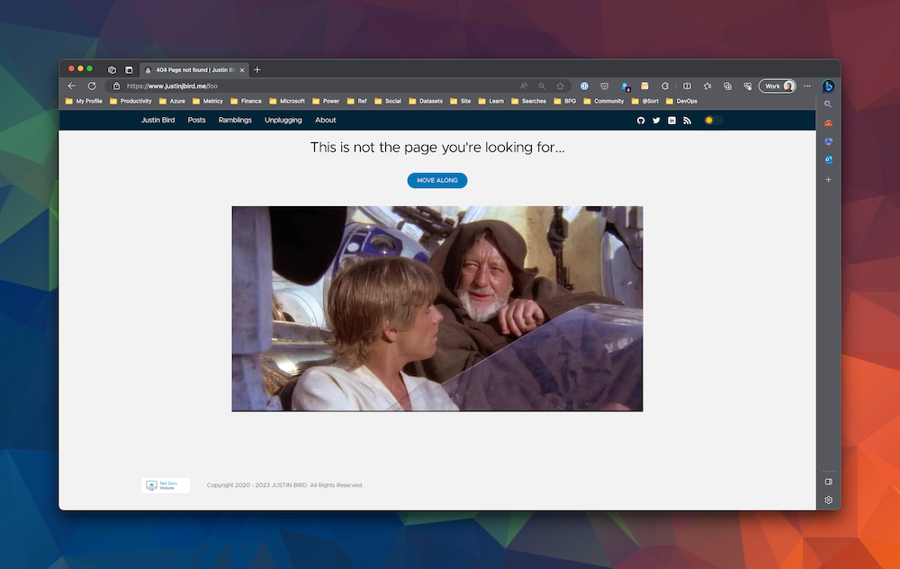 image shows a 404 page in the style of my site, it says ‘This is not the page you’re looking for’ the button says ‘move along’ and is finished with an image of obi wan kenobi, sat next to luke skywalker in the land speeder about to say his famous line