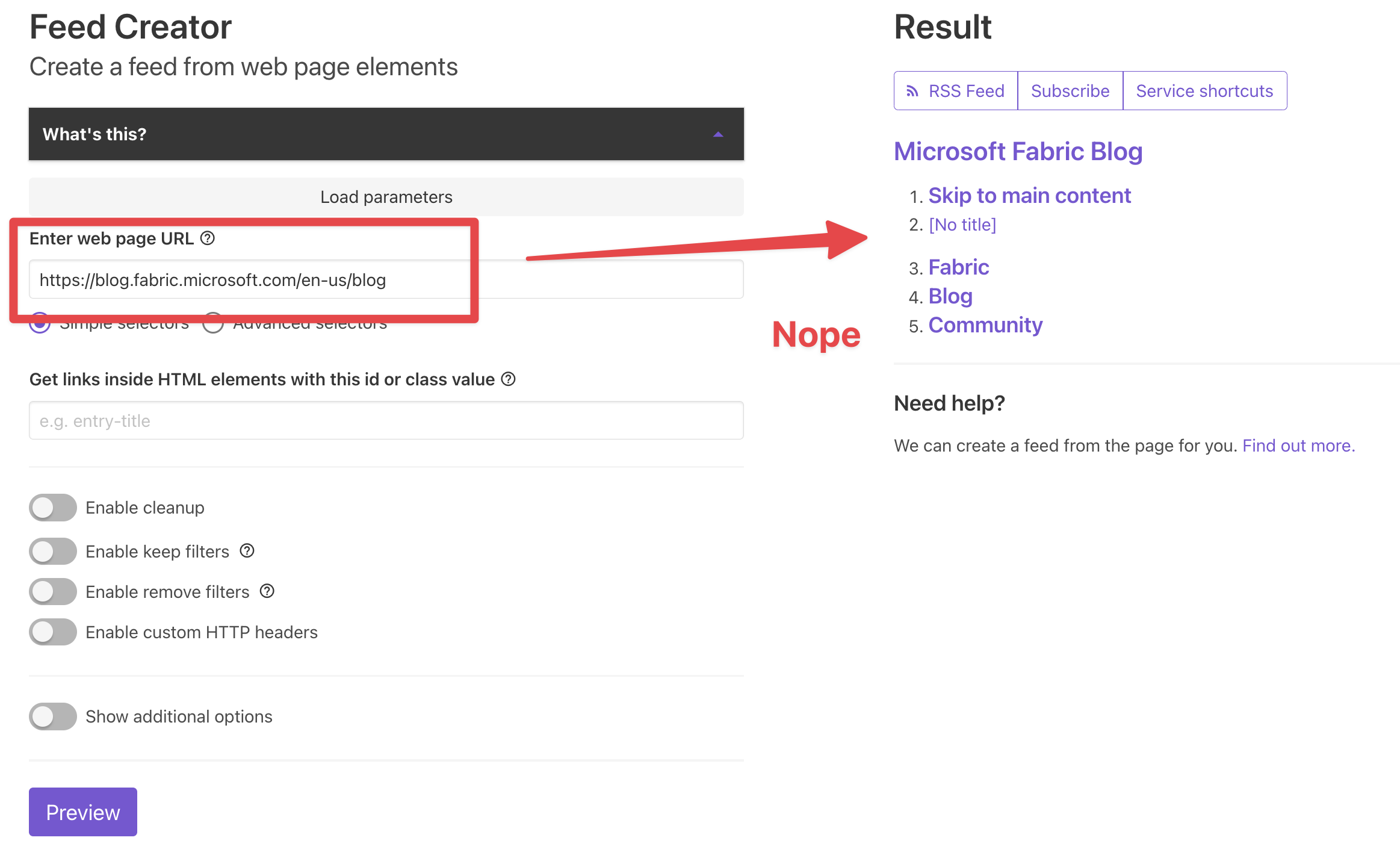Image shows the results of configuring feed creator simply using the URL, the results return menu items from the blog page so this isn’t sufficient.