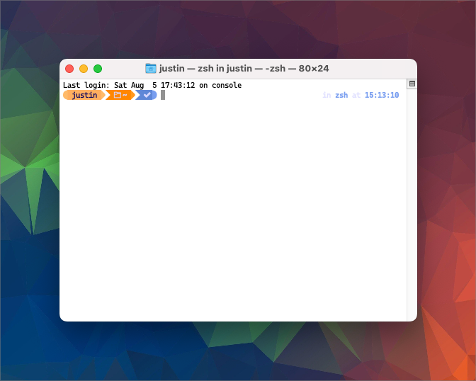 The image shows the native macOS terminal running zsh, the prompt is presenting the default ohmyposh theme as described above.