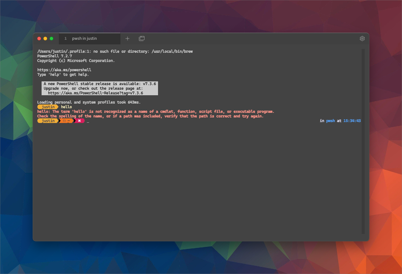 The image shows the native Tabby terminal running powershell, the prompt is presenting the default ohmyposh theme as described above. I ran an invalid command and the final segment is filled red and a white cross.