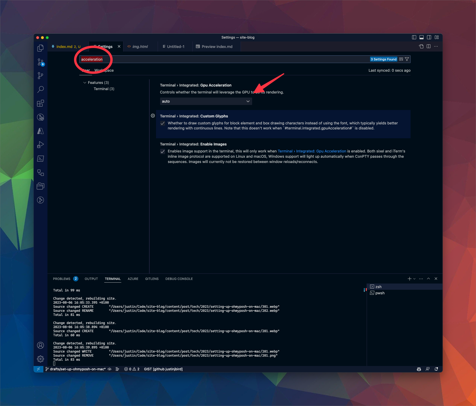 image shows the vscode settings, the search bar has accelerator input, and Integrated: Gpu Acceleration has been updated to auto