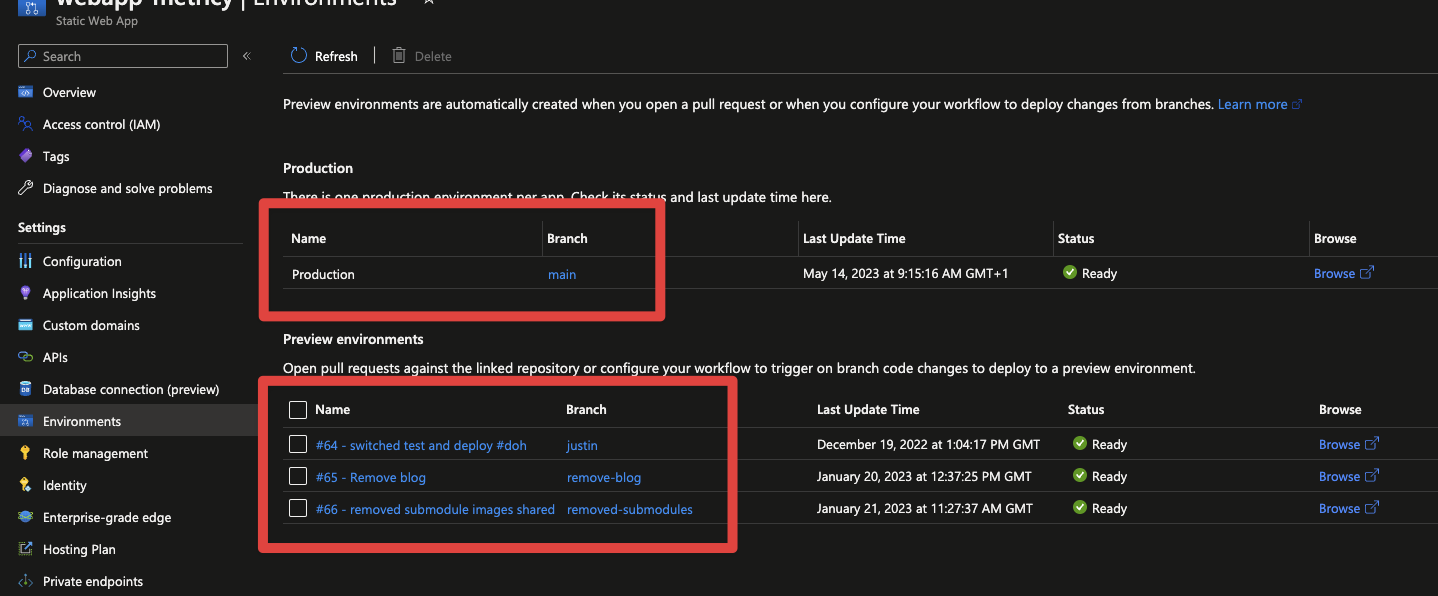 the image shows the environments section of the web app from the Azure portal, it shows one main production slot and also has three preview slots, they are numbered #64, #65, #66 and area available for viewing