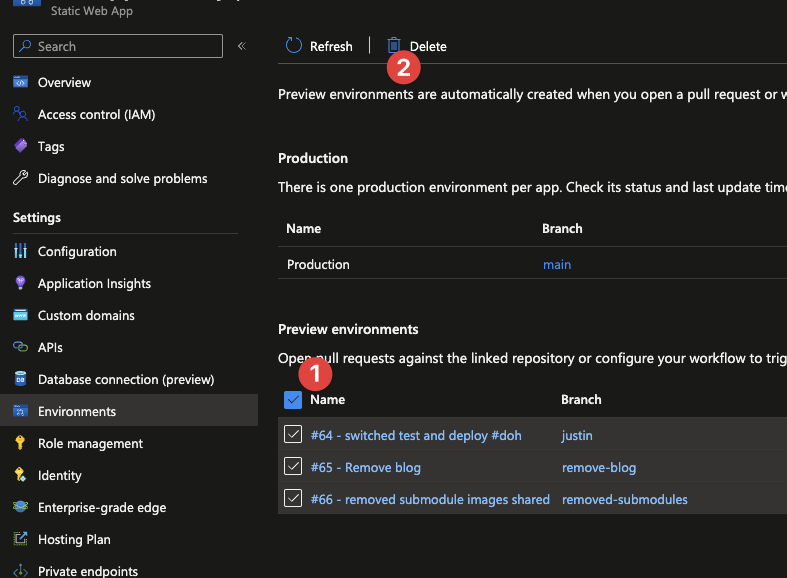 image shows the environments section, all three preview slots are ticked, pressing the delete button will remove all preview slots