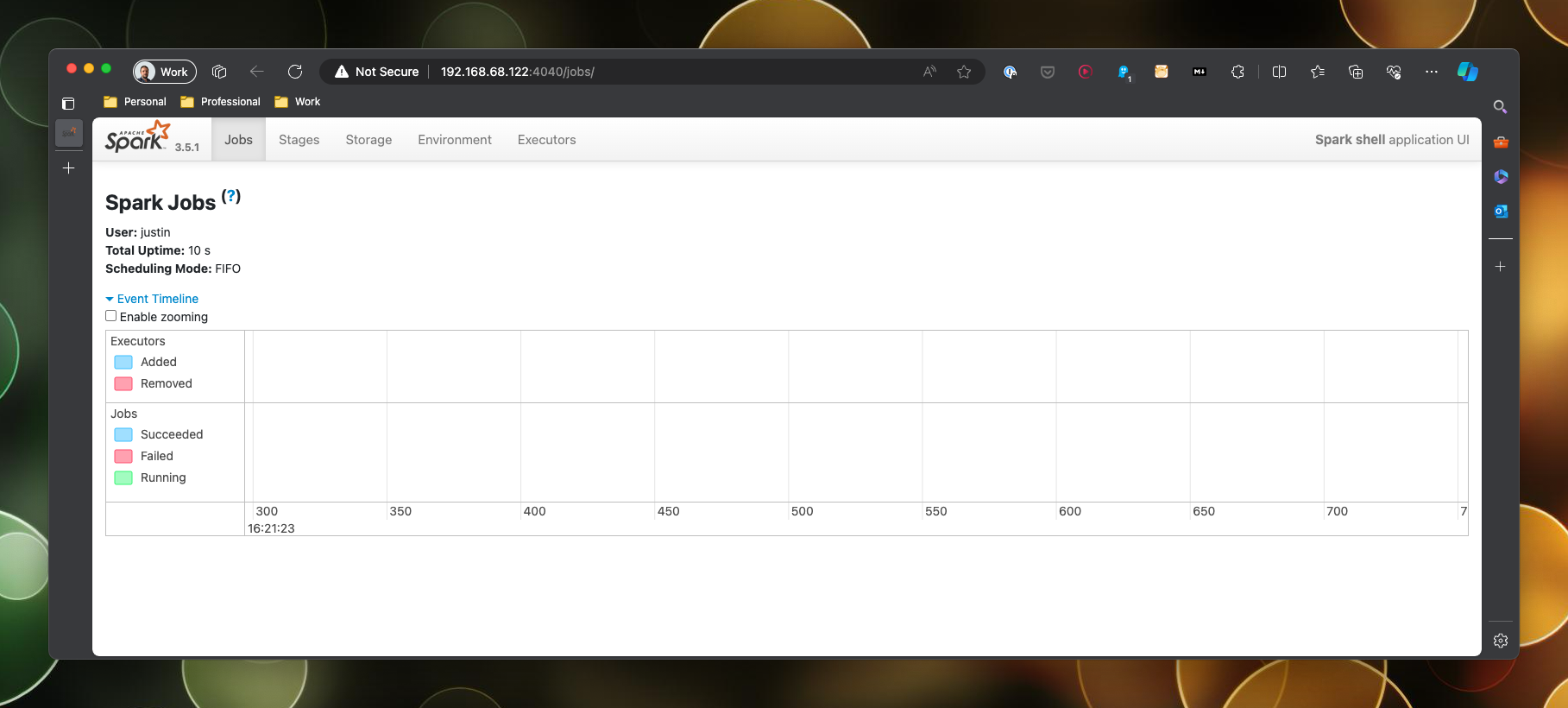 A screenshot of the spark web portal, there is a menu at the top that displays jobs, stages, storage, environment and executors, the jobs menu is selected and a timeline is displayed showing executors added / removed and jobs succeeded / failed / running. Nothing has run yet.