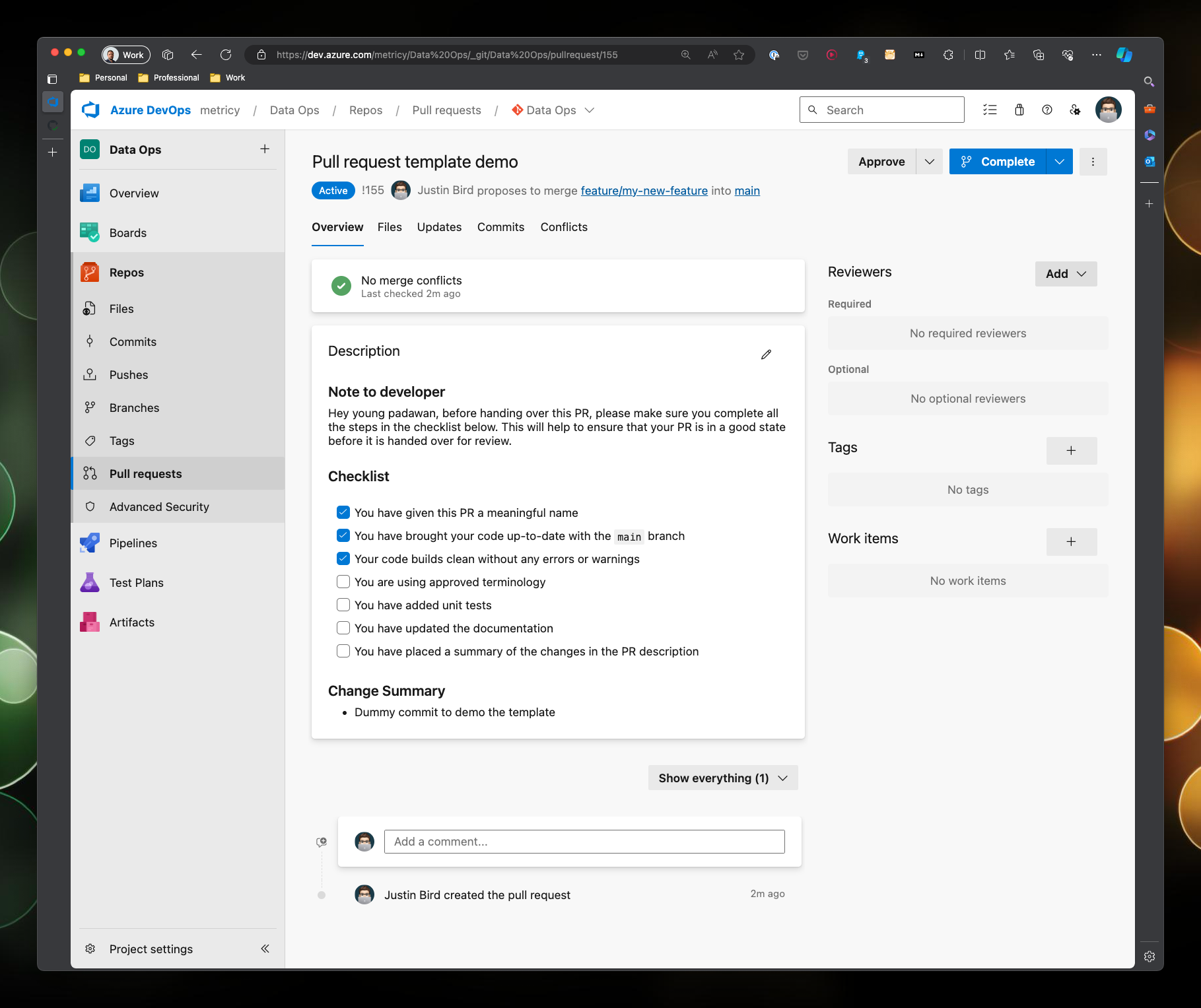 A screenshot of the Azure DevOps pull request screen, the template is displayed with the checklist shown as a set of checkboxes, some of the checkboxes have been ticked.