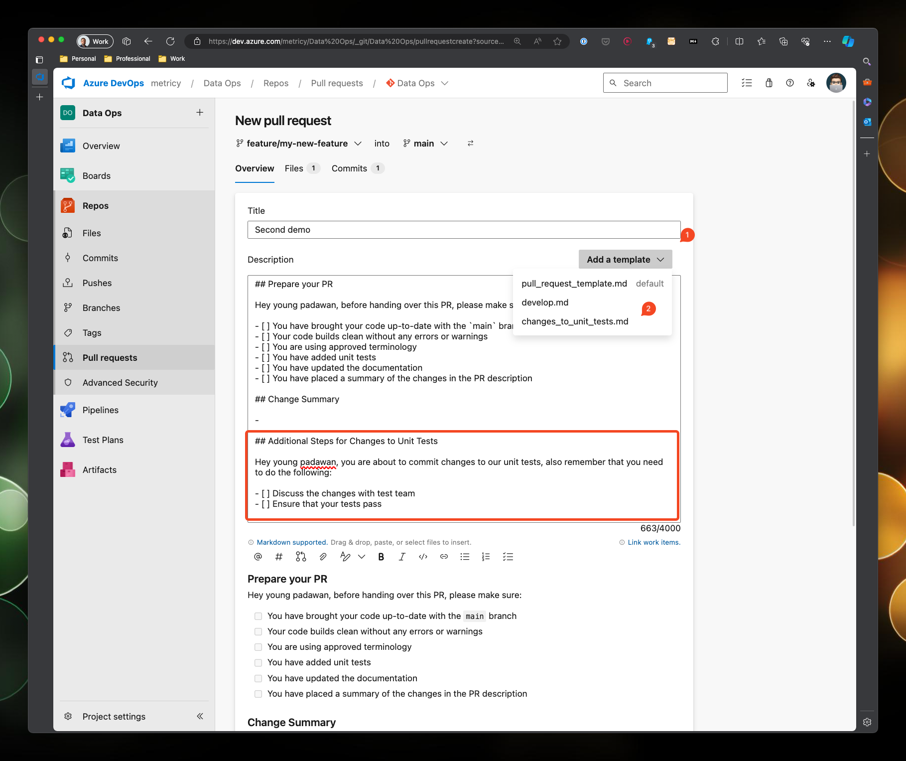 A screenshot of the Azure DevOps pull request screen, the template is displayed with the checklist shown as a set of checkboxes, the dropdown menu ‘add a template’ is open and there is a second template available called ‘changes_to_unit_tests.md’