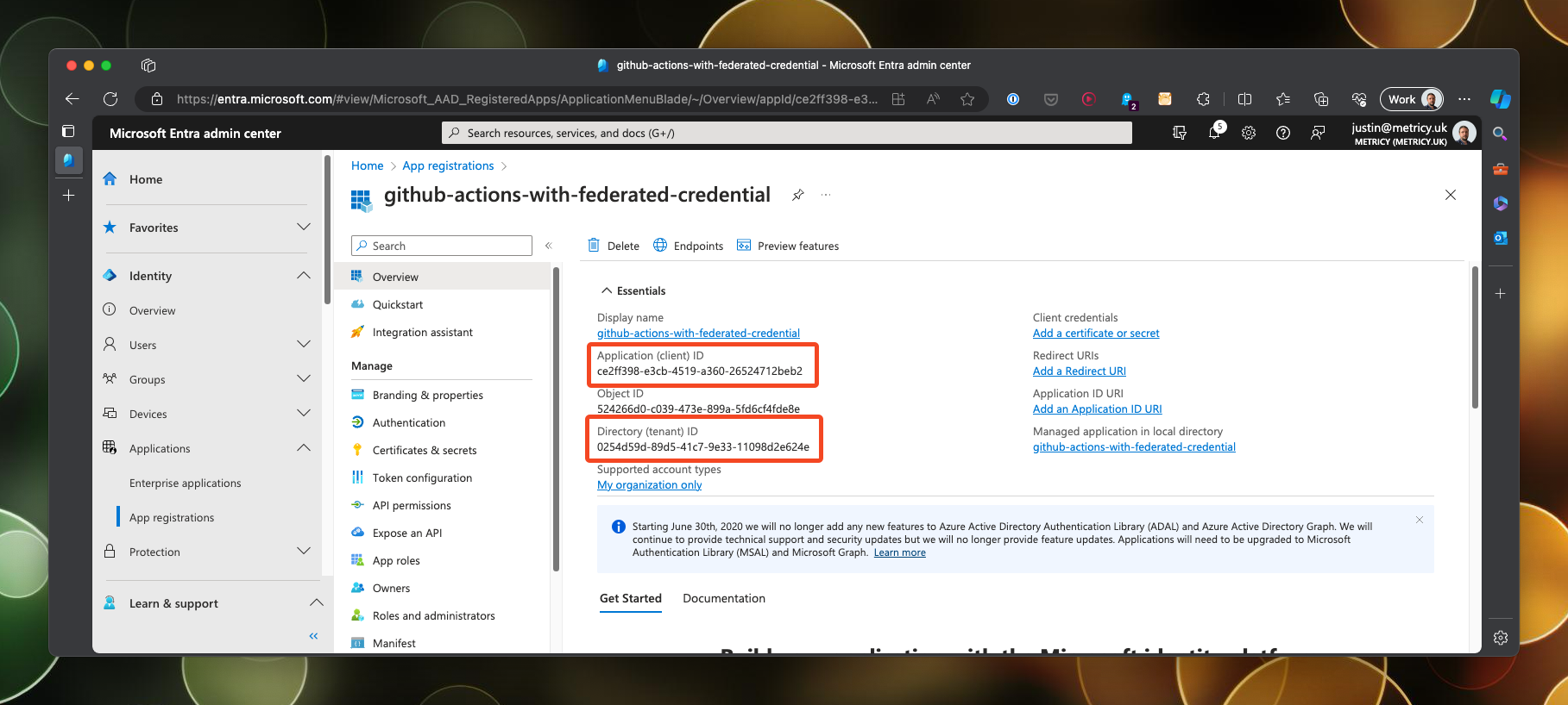 The client ID and tenant ID are displayed in the overview of the service principal in Microsoft Entra Administrator