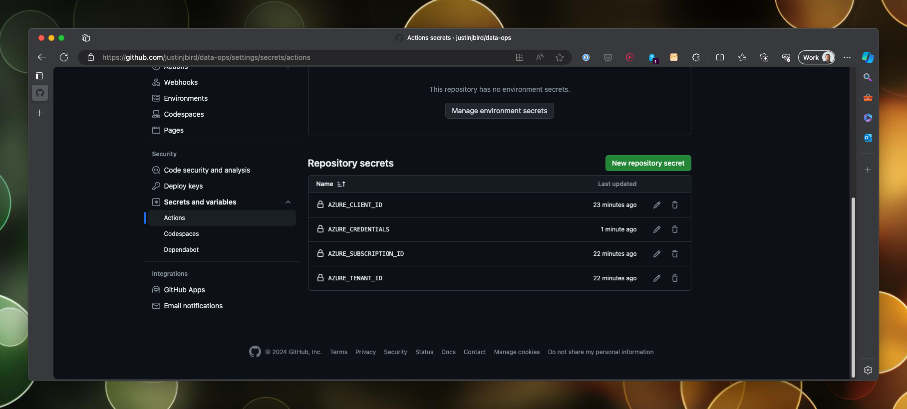 Four secrets listed AZURE_CLIENT_ID, AZURE_CREDENTIALS, AZURE_TENANT_ID, AZURE_SUBSCRIPTION_ID