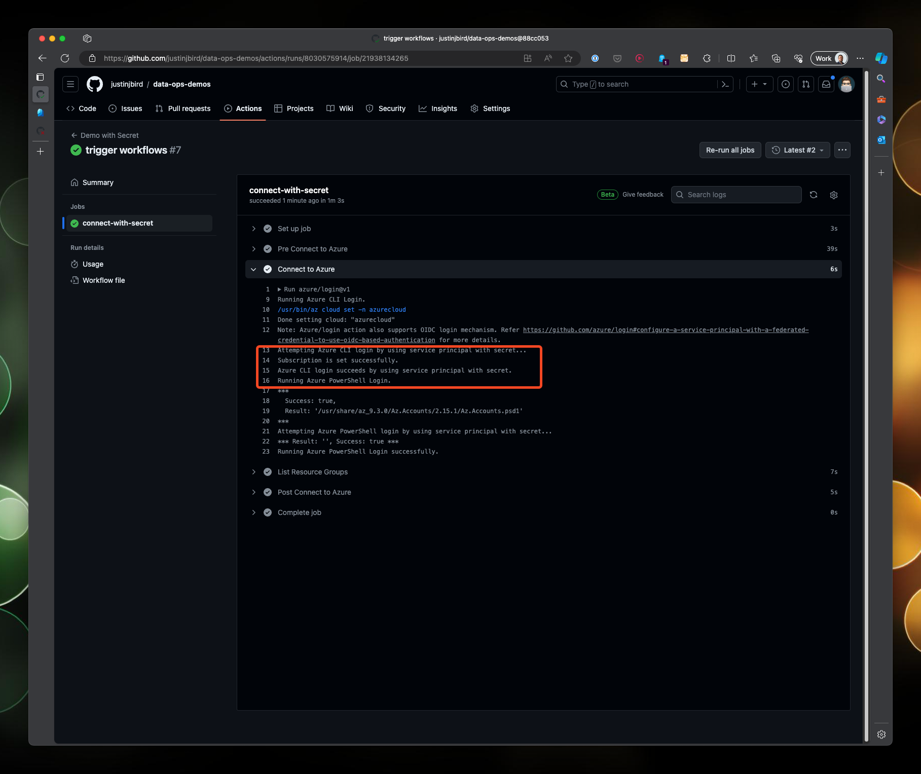 The output of the workflow in the actions tab of the repository