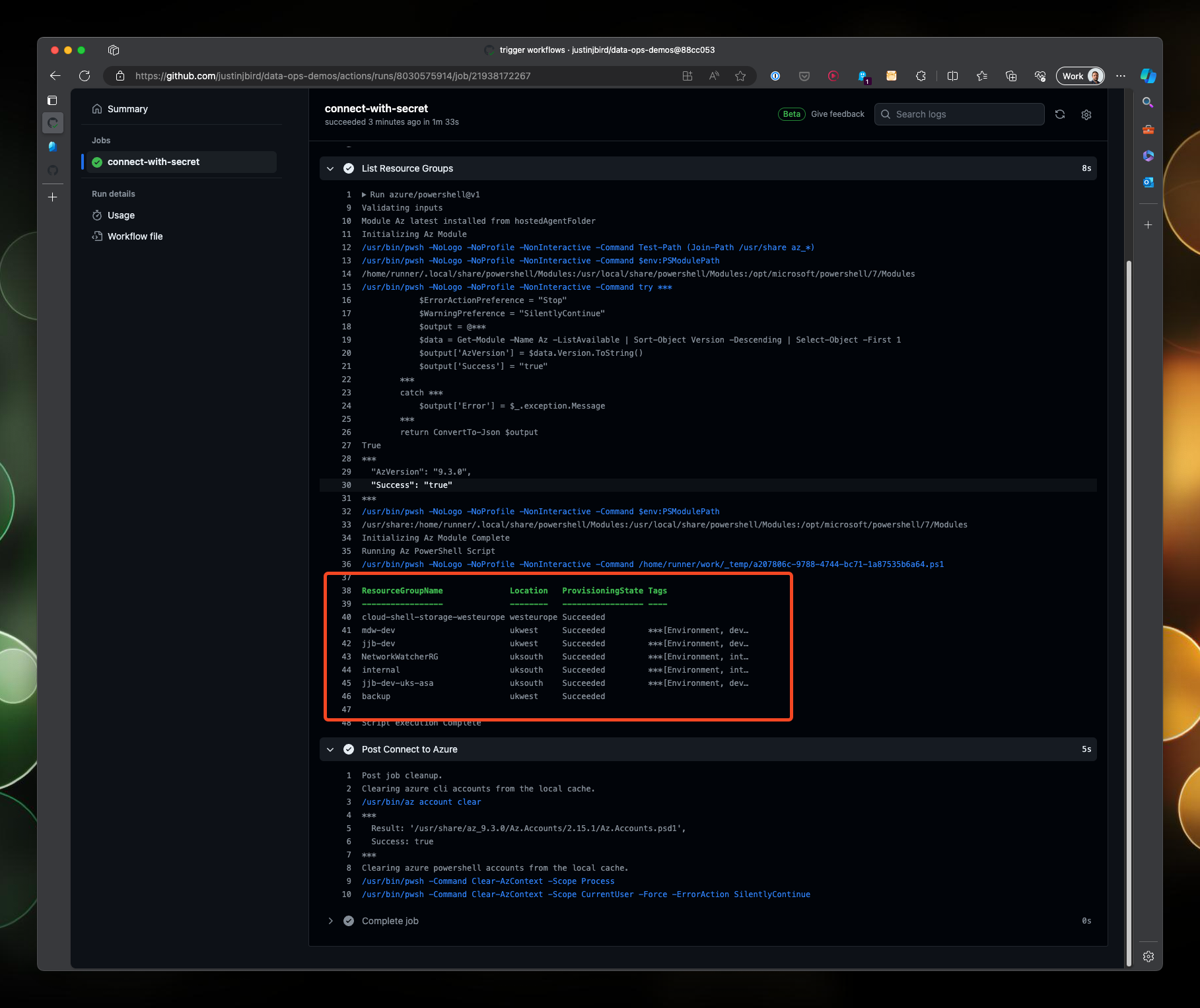 The output of the workflow in the actions tab of the repository