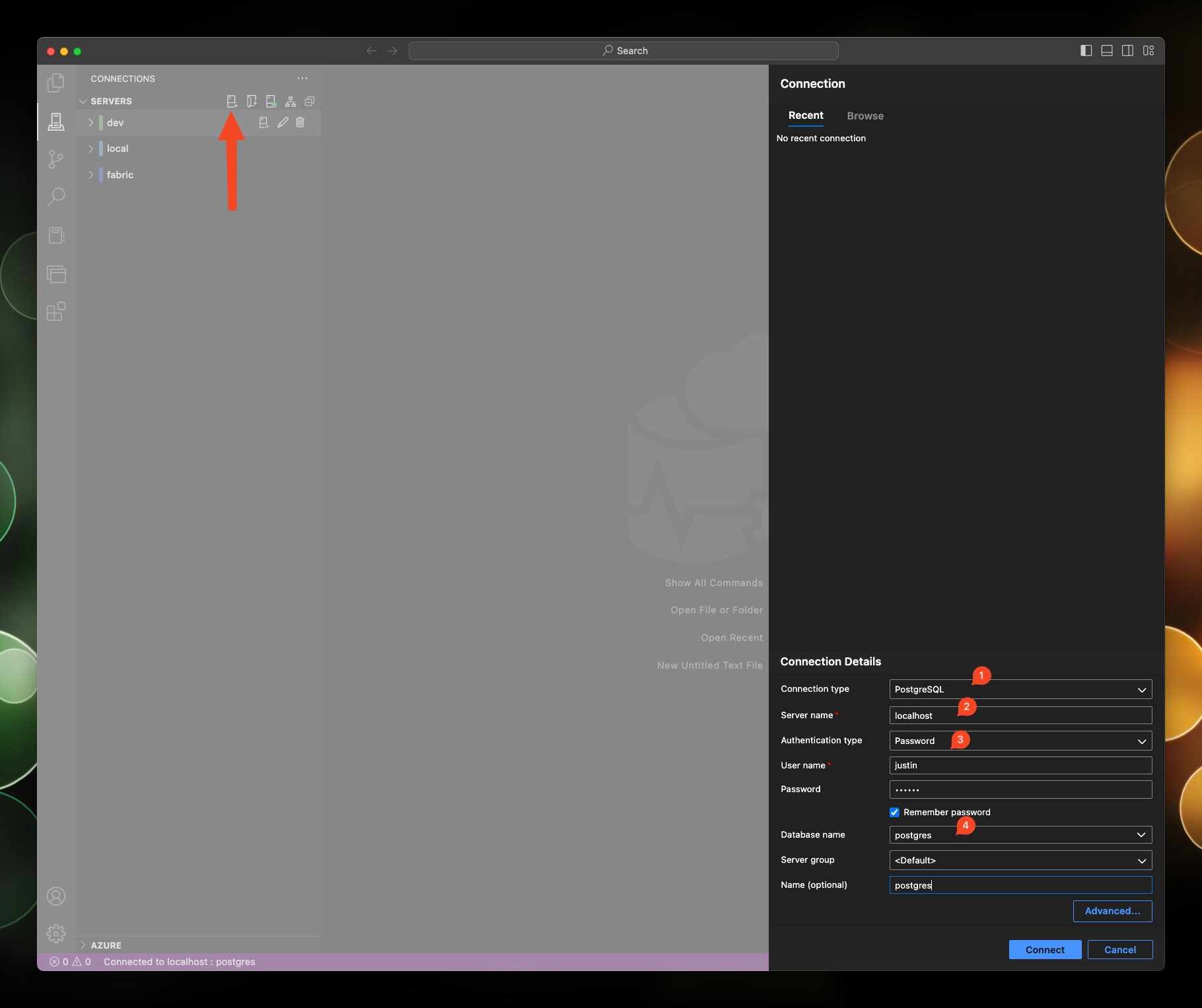 screenshot shows the azure data studio app with a new connection pane open, the connection details have been entered as described above