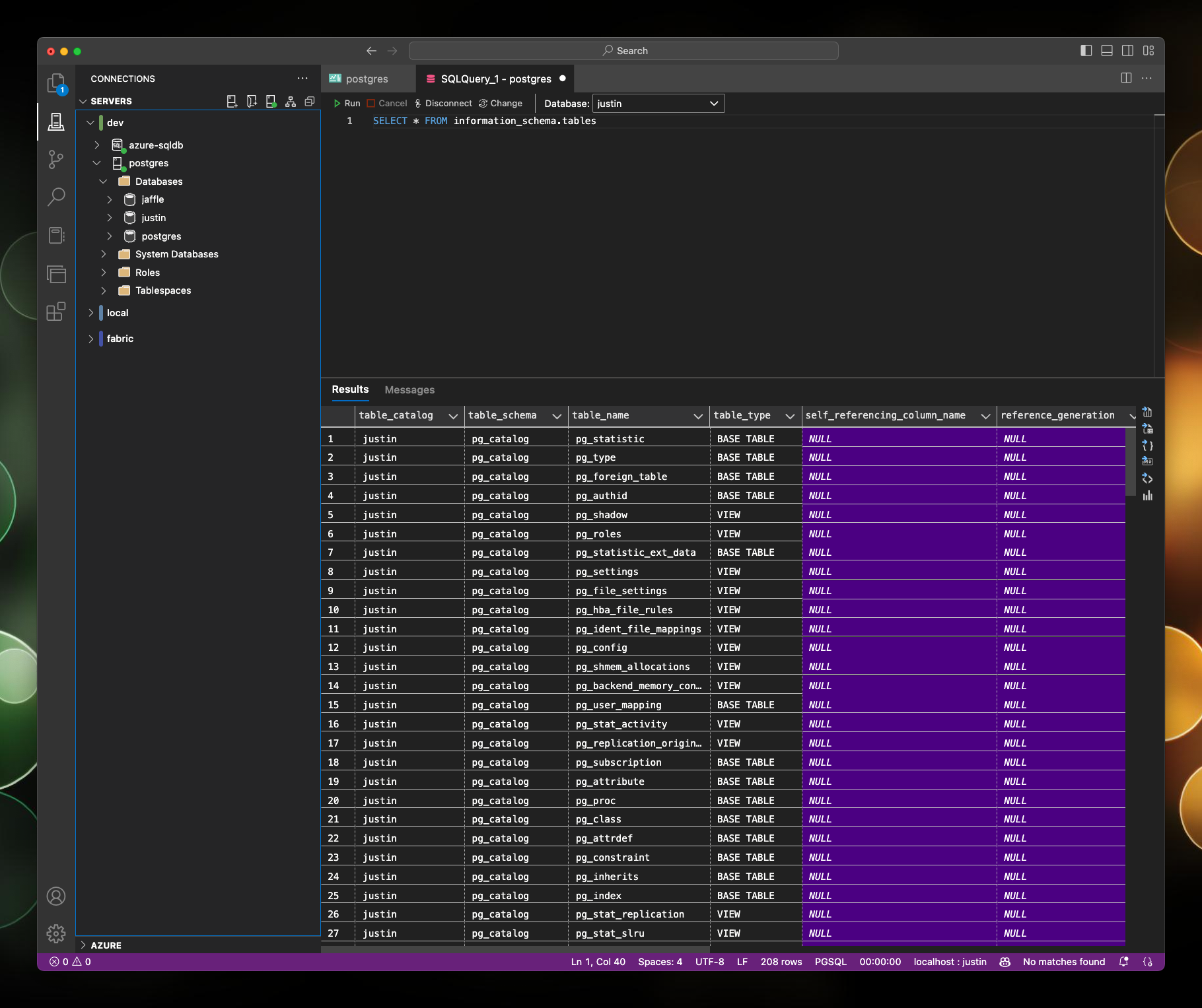 screenshot shows the azure data studio app connected to the postgres server, a query window is open with the output from a SELECT statement against information_schemas.tables