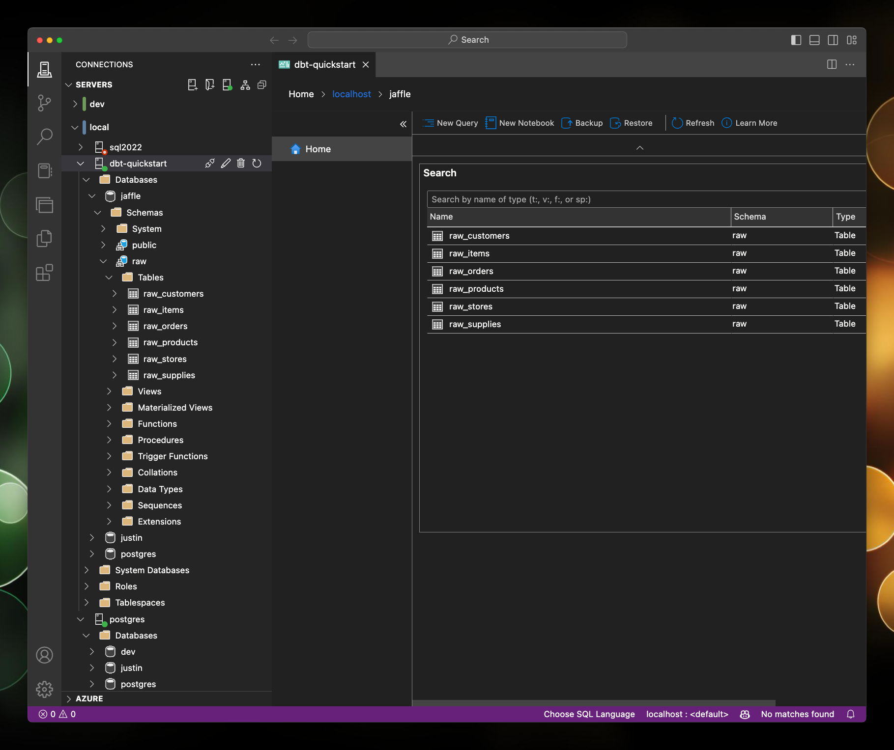 The image shows Azure Data Studio connected to my local Postgres database, the jaffle database is expanded showing multiple tables created by the dbt seed command
