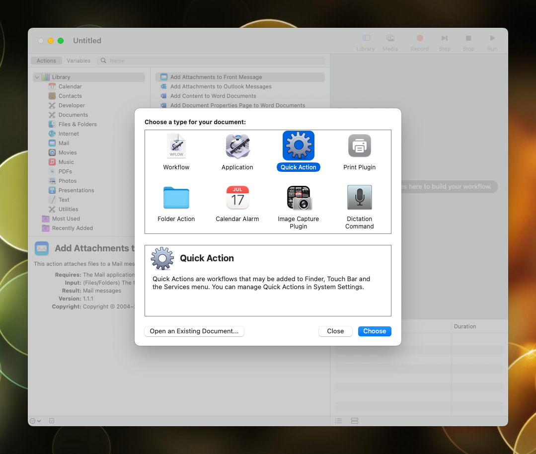 Automator Quick Action option is selected in the ‘Choose a type for your document’ context window