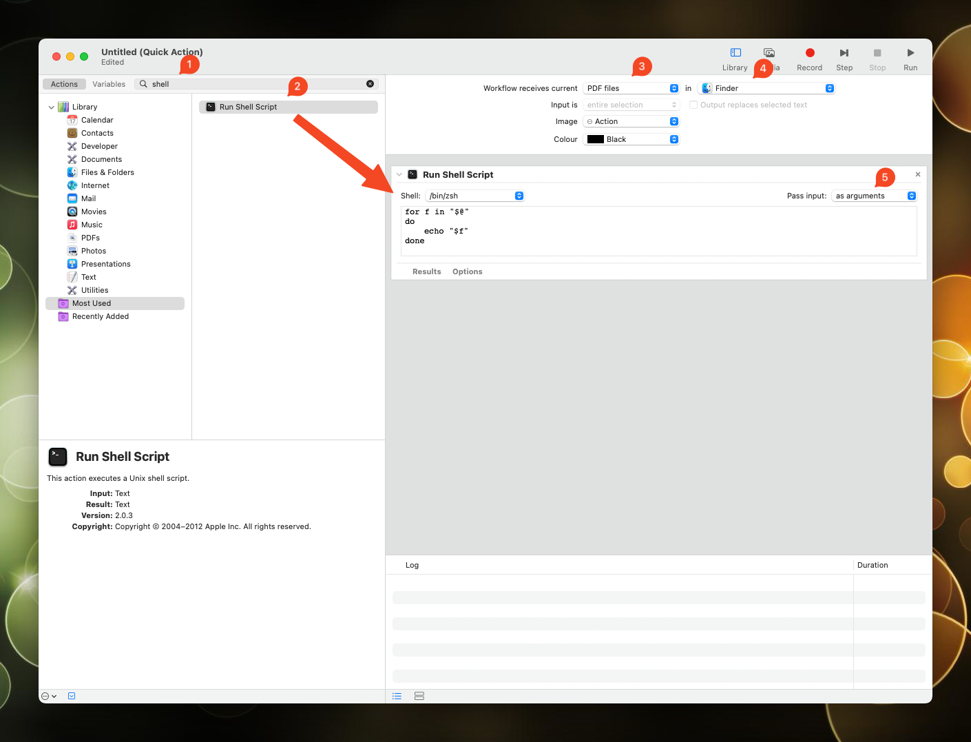 Automator Quick Action input is set to ‘PDF files’ in ‘Finder’ and a Run Shell Script step is added with input as arguments