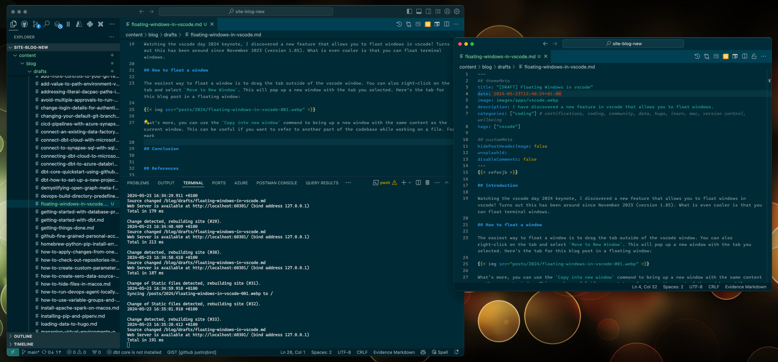 in this screenshot, I have this blog post open in both windows, but displaying separate sections of the same blog post