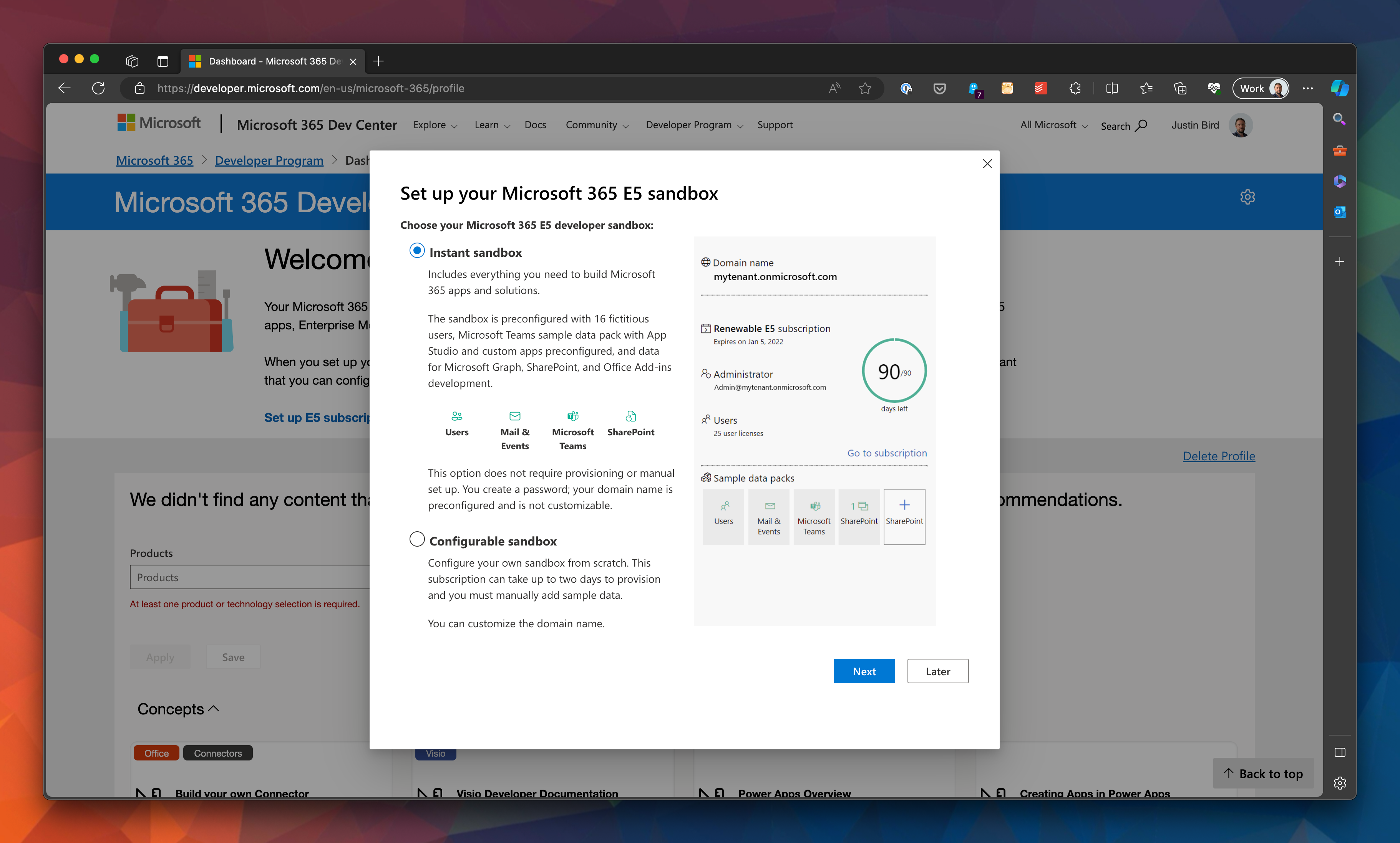 Shows an option window that says ‘Set up your Microsoft 365 E5 sandbox. There are two options - instant sandbox or configurable sandbox. Choosing configurable sandbox can take up to two days to provision! There is also an image that stats that the subscription will be live for 90 days.