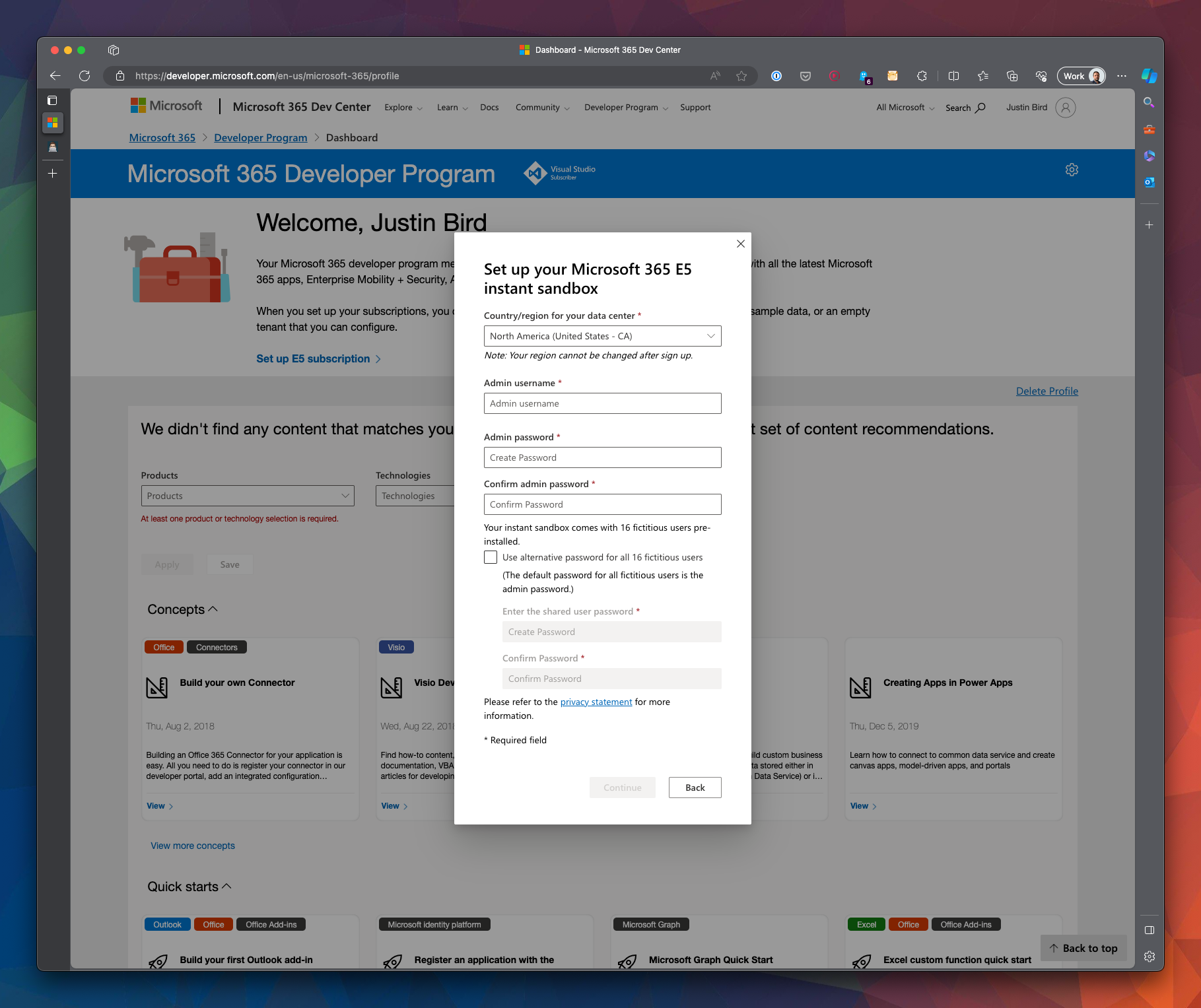 Shows the ‘Set up your Microsoft 365 E5 instant sandbox’ options, here you are asked to select a region and set an admin user account.