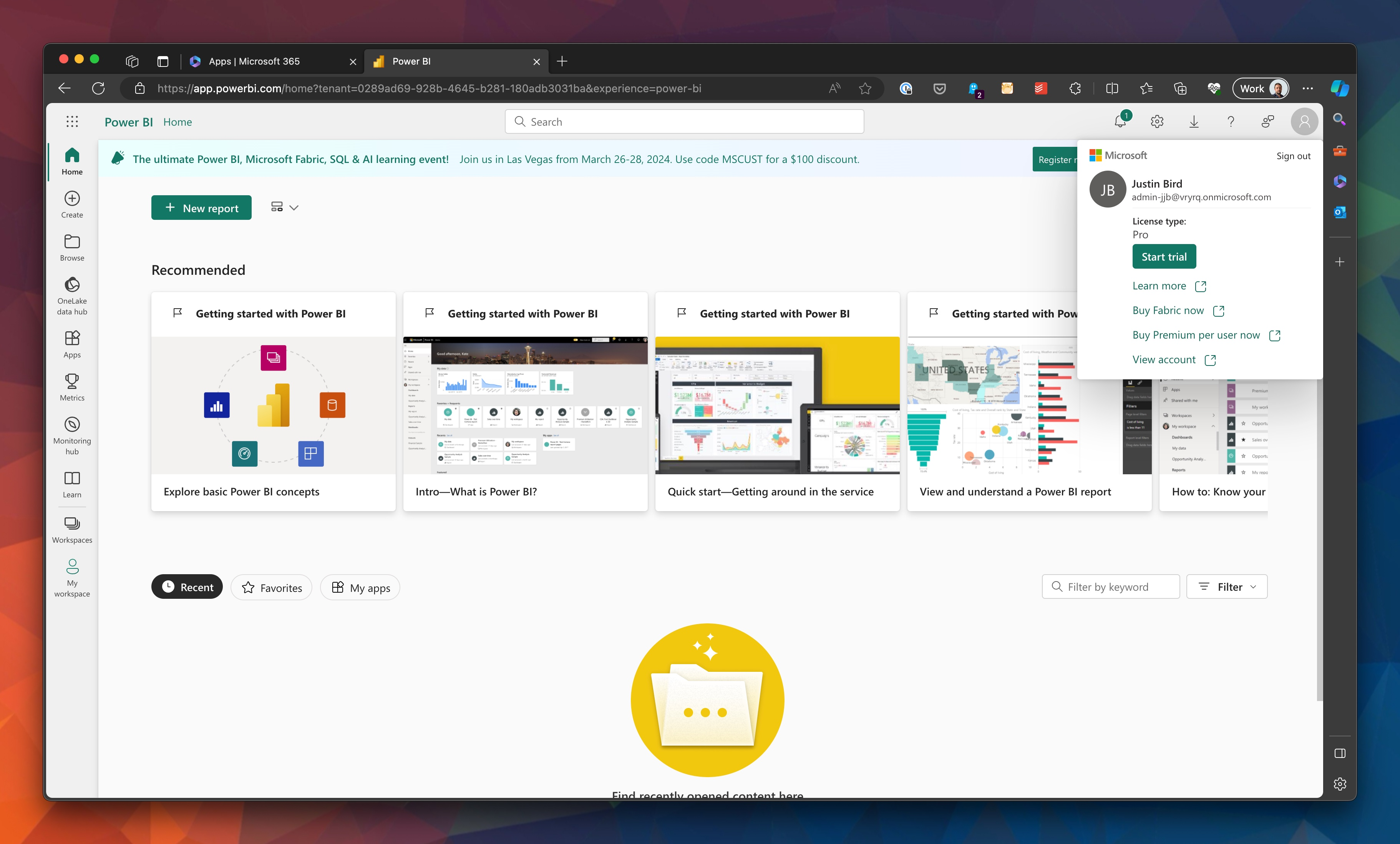 The Power BI service homepage is open, the options menu for the profile is activated. A ‘start trial’ button is shown.