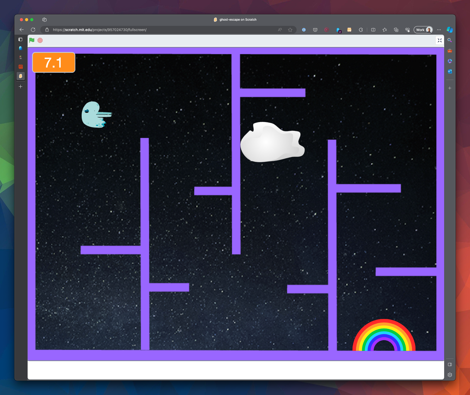 A picture of the game, there is a ghost trying to navigate around a purple maze, a cloud is chasing the ghost, and the ghost doesn’t look best pleased. The ghost is trying to get to his home…a rainbow…at the end of the maze.