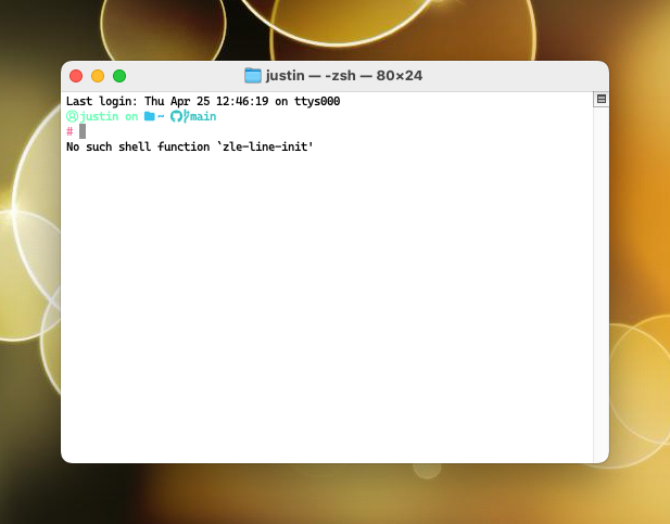a terminal window showing the error no such shell function ‘zle line init’ under the command prompt