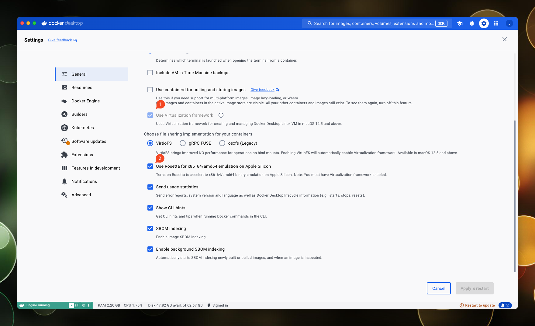 The screenshot is displaying the docker settings menu which has a set of options, the two options listed above are checked.