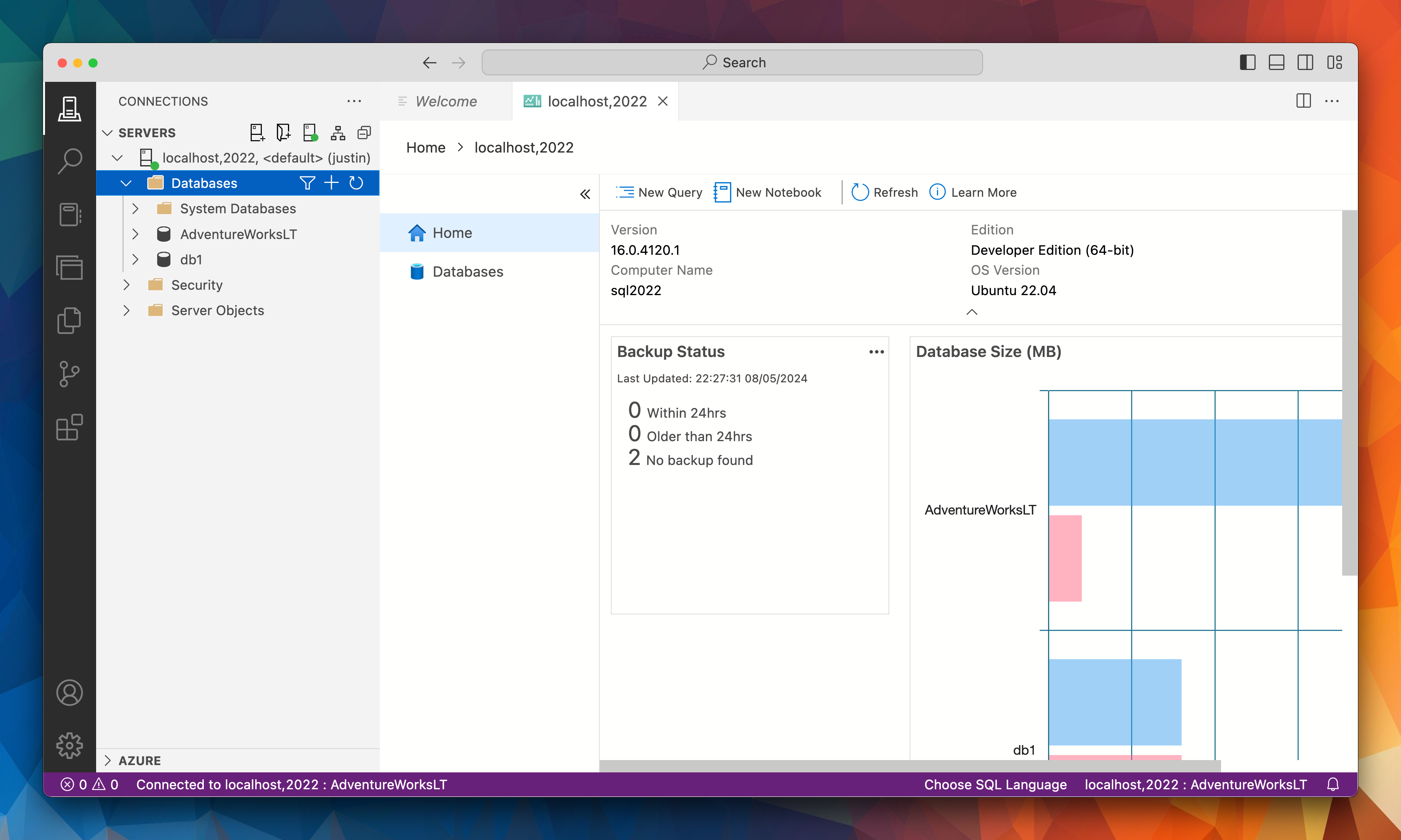 Screenshot shows Azure Data Studio connected to the server, there are two databases listed, AdventureWorksLT and db1.