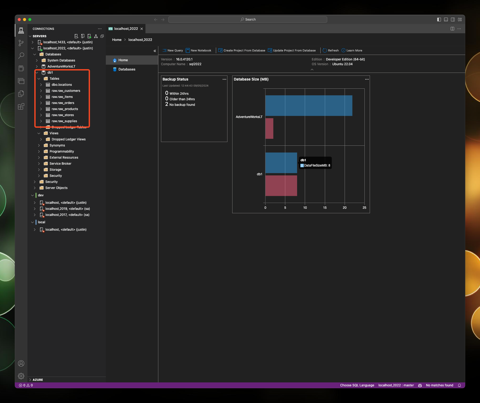 The image shows Azure Data Studio connected to my local Sql Server 2022 runtime, the db1 database is expanded showing multiple tables created by the dbt seed command