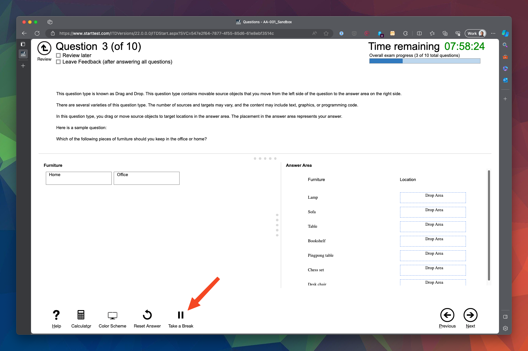 A screenshot of the exam interface, at the bottom of the screen is a pause button labelled ’take a break’