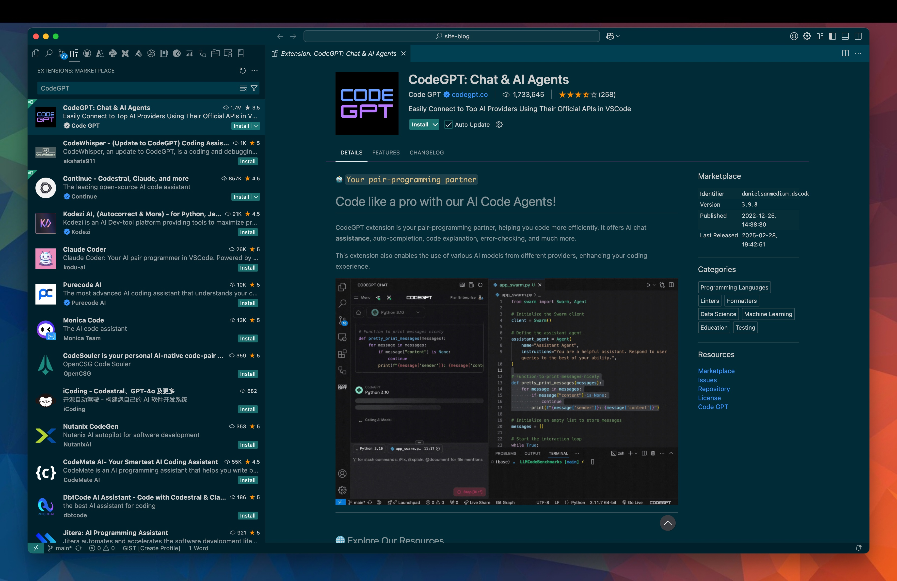 A shot of vscode extension marketplace with CodeGPT listed