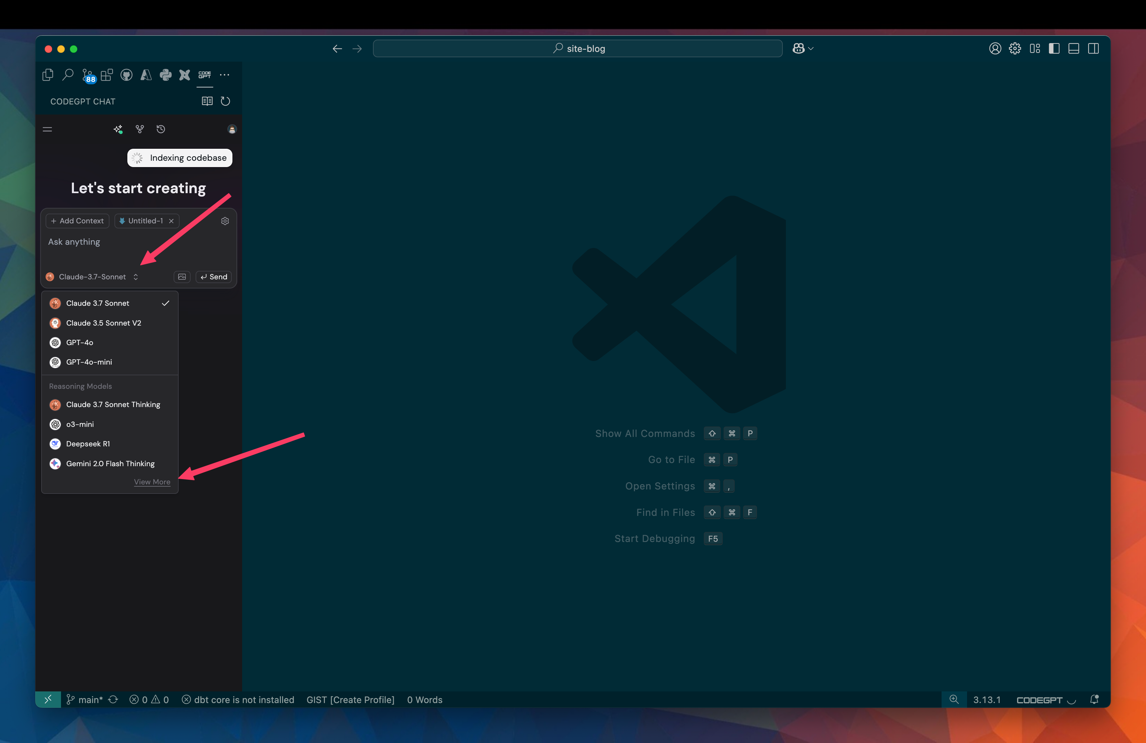 CodeGPT console is open in vscode, the chat function is open and shows options for selecting a model