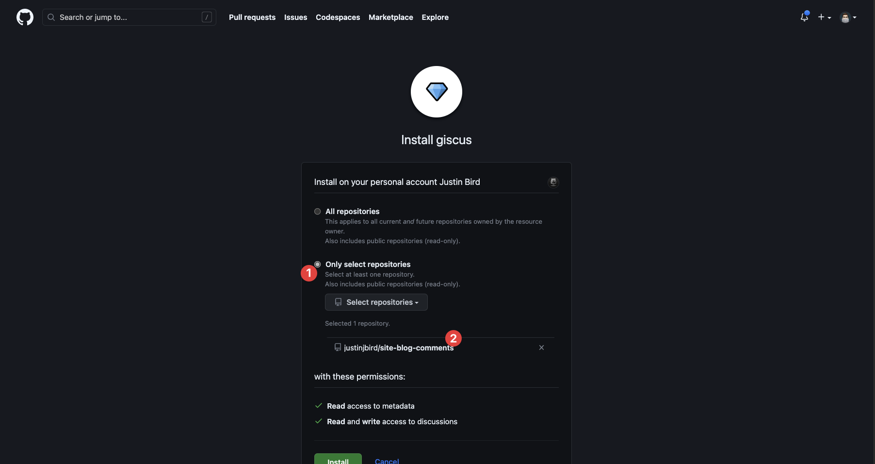 image shows the install options for giscus, github asks you whether you want giscus to have access to all repositories or specific repositories