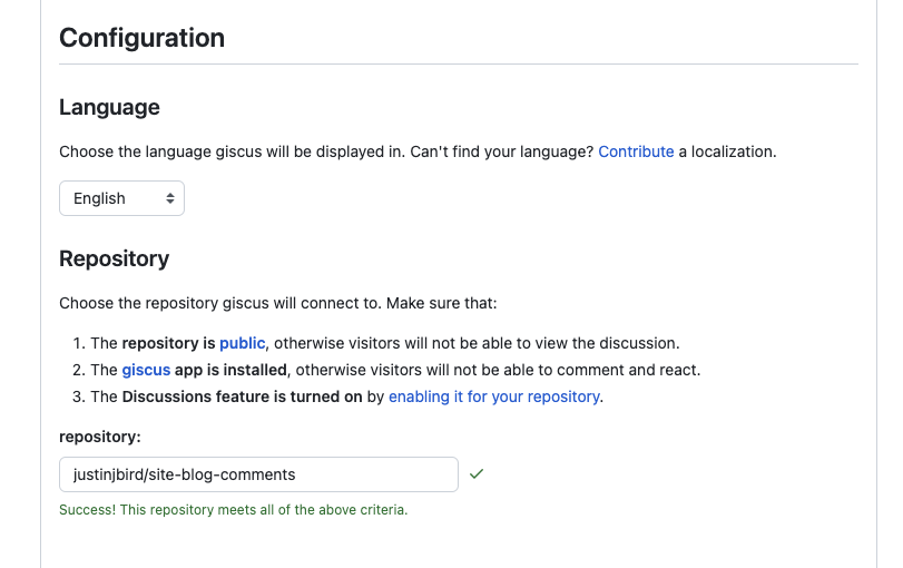 image shows the giscus site, the repository section has an input box where I have typed the address of my repository (justinjbird/site-blog-comments), the site has returned a success message