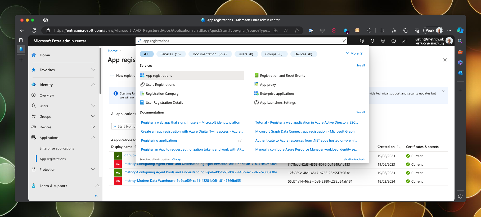 the search bar is being used in Entra Administrator to find App Registrations