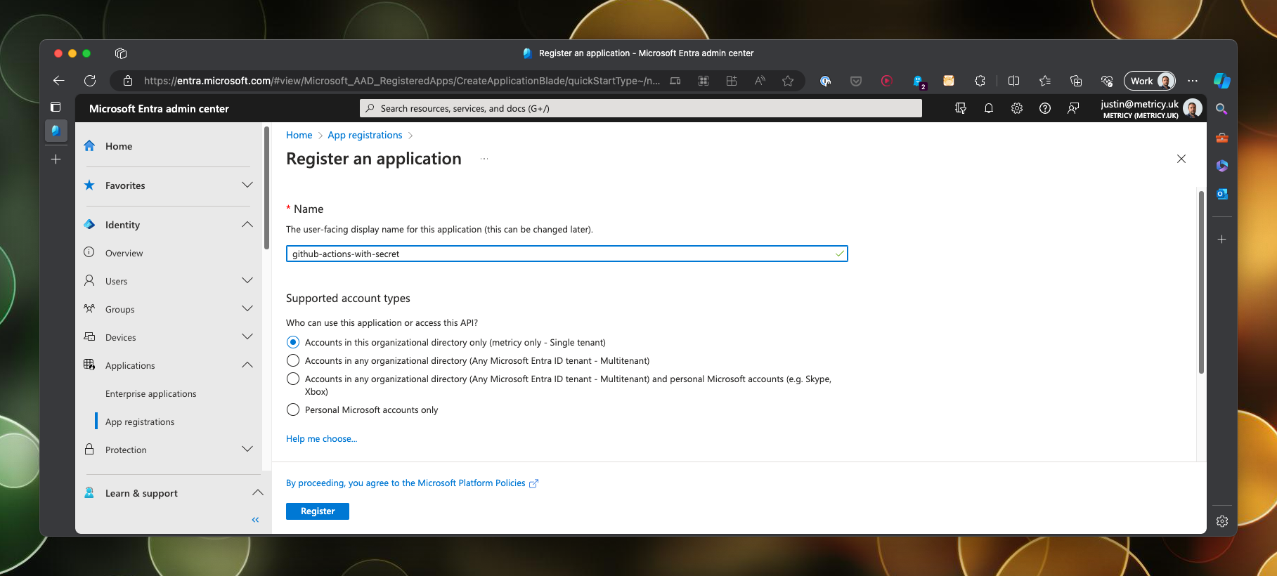 Creating a new app registration in Entra Administrator